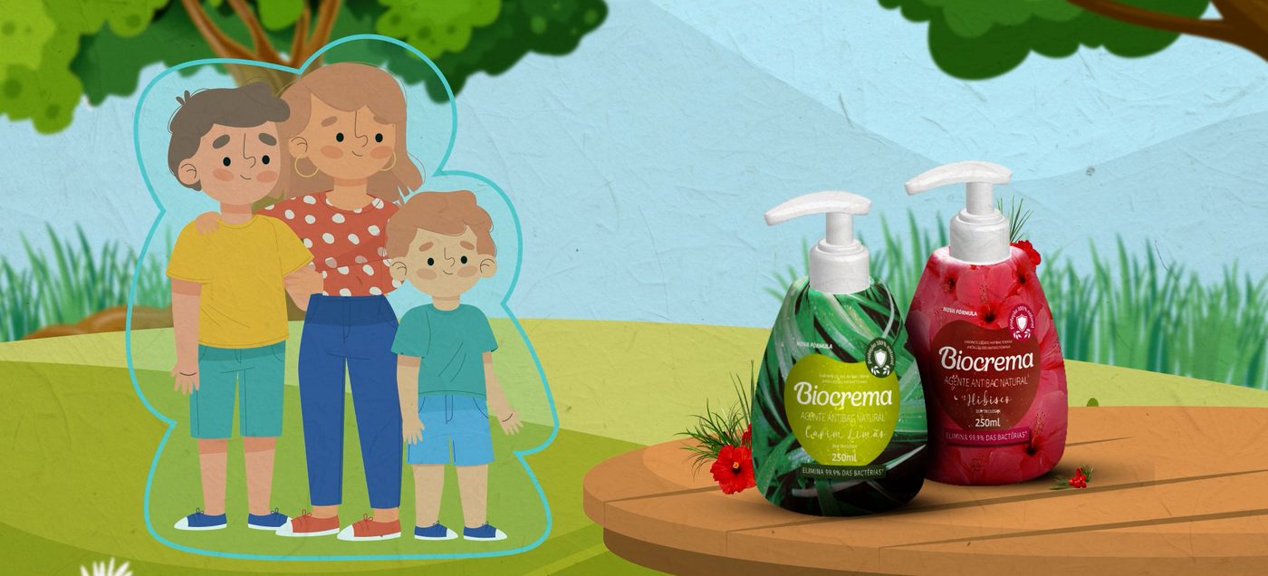 Animação 2D com família ilustrada e frascos de sabonete Biocrema
