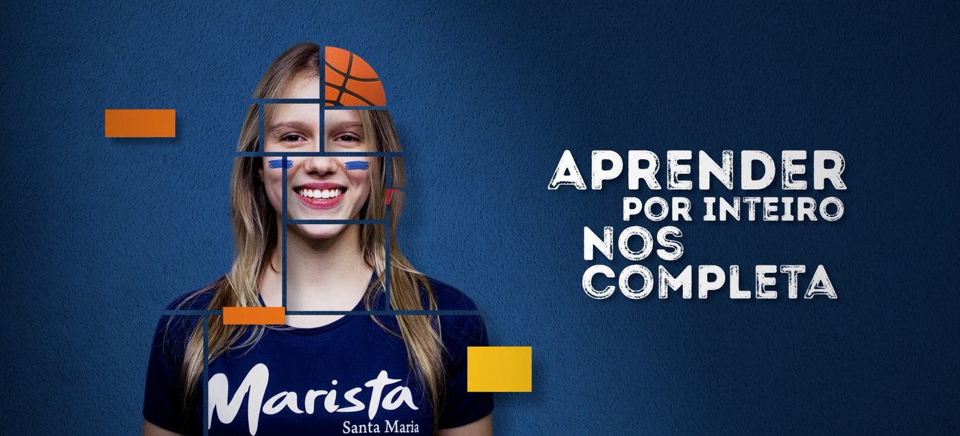 Aluna sorrindo em colagem gráfica com o título Aprender por inteiro nos completa
