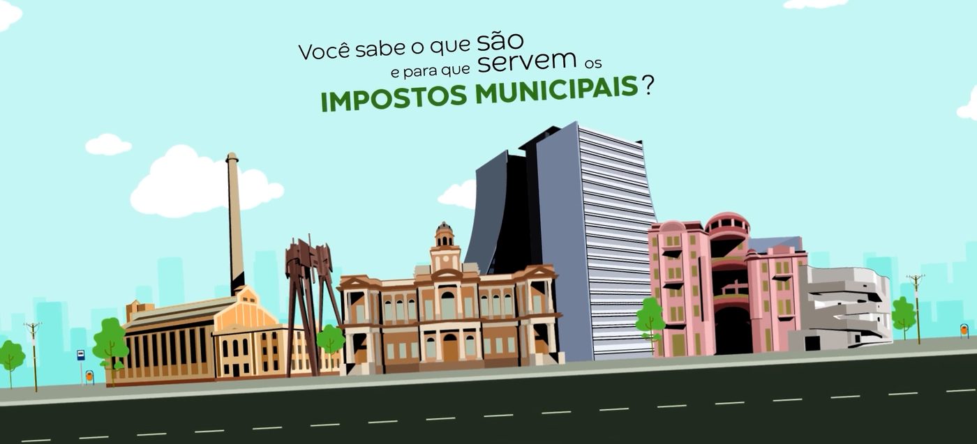 Animação com prédios ilustrados de Porto Alegre e a pergunta sobre impostos municipais