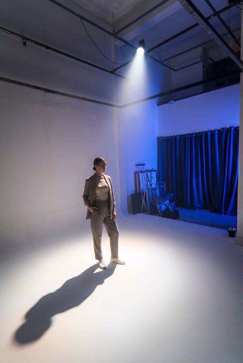 Apresentadora sob foco de luz em fundo infinito branco com cortina azul ao fundo