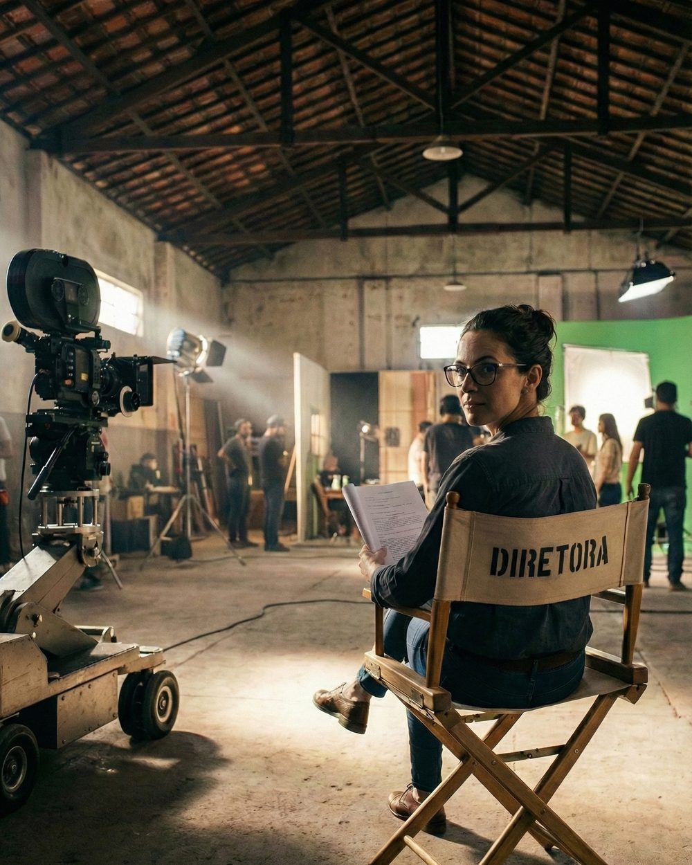 Diretora sentada em cadeira de set com roteiro na mão, em galpão com câmera de cinema e equipe, imagem gerada com IA