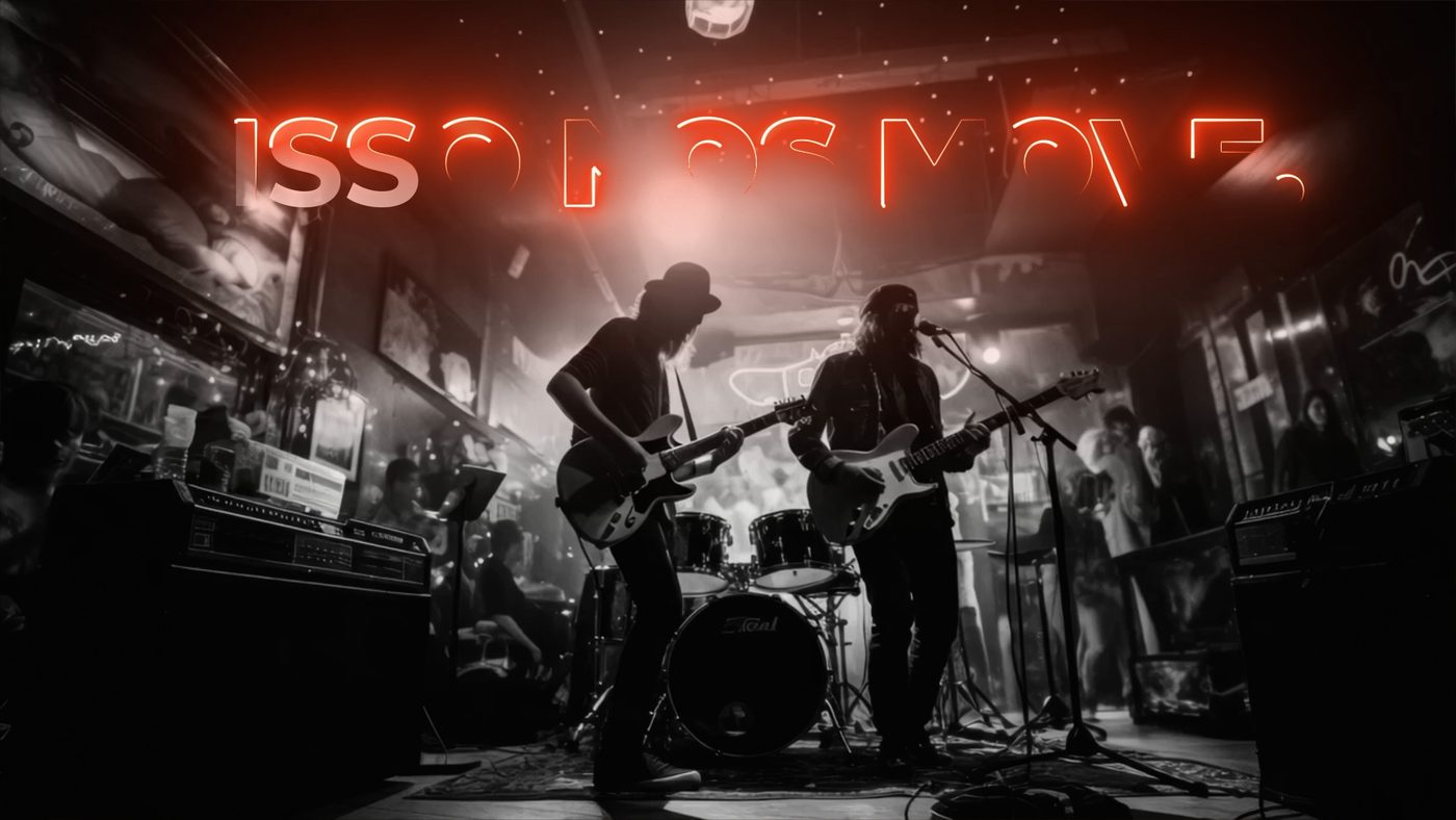 Banda tocando em bar com letreiro em neon vermelho, cena gerada com IA