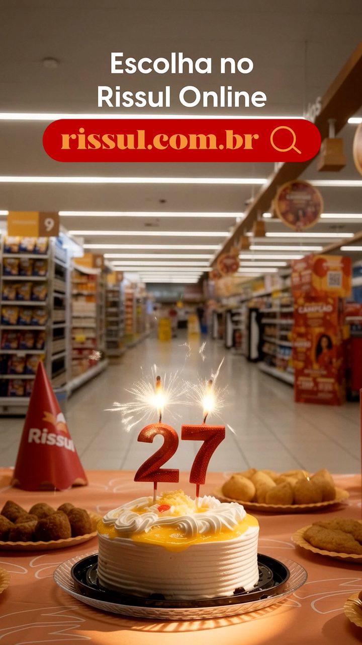 Bolo de aniversário com velas de 27 anos no corredor de supermercado, vídeo vertical para redes