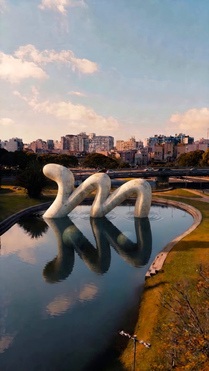 Escultura branca sinuosa saindo da água em Porto Alegre, vídeo vertical gerado com IA
