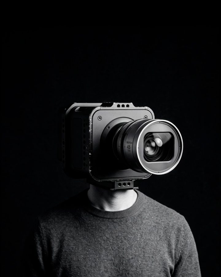 Pessoa com uma câmera de cinema no lugar da cabeça, retrato em preto e branco