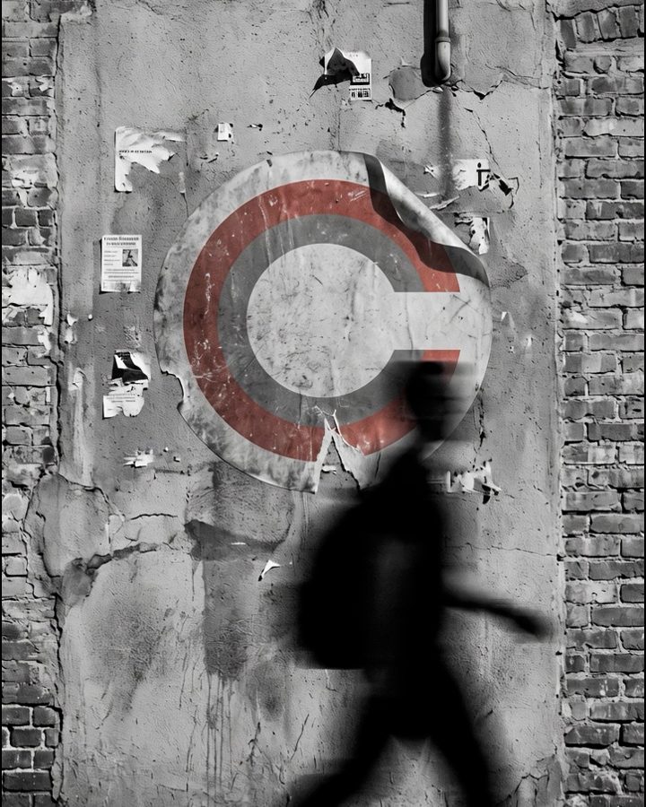 Pessoa passando em frente a muro com a marca da Cinematográfica, em preto e branco