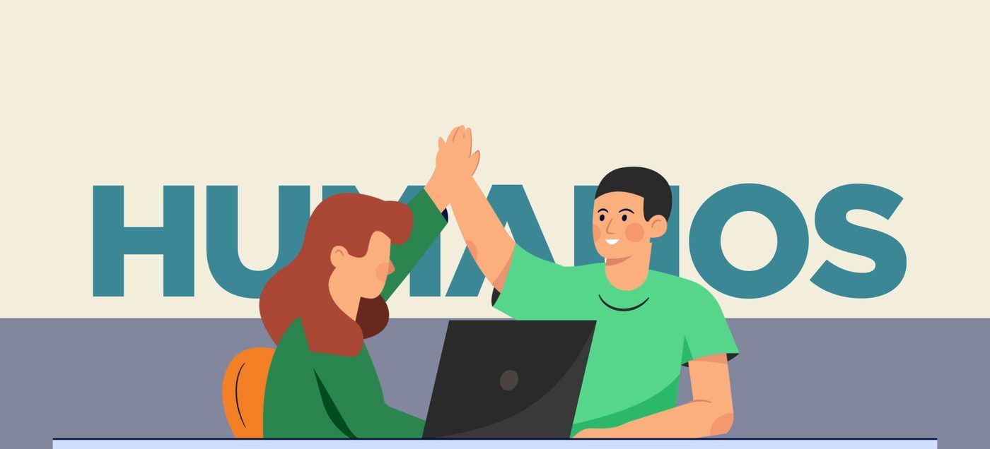 Animação 2D com dois colegas comemorando diante do computador, vídeo de comunicação interna