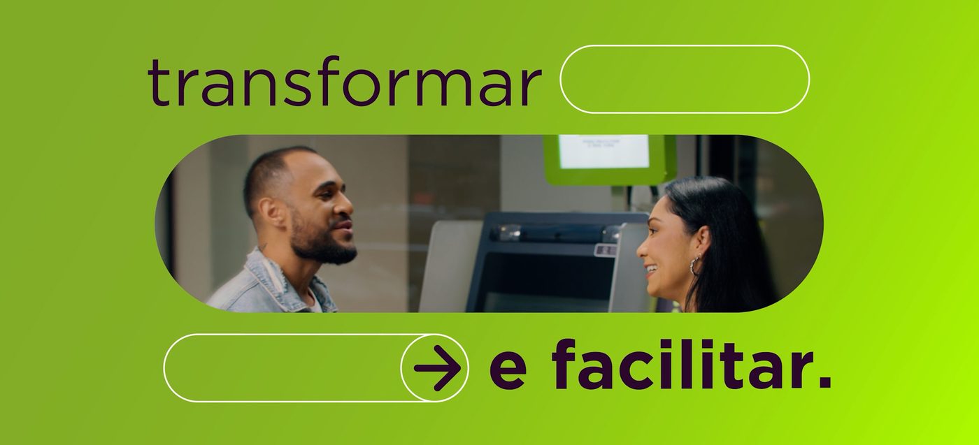 Motion graphics com cena de atendimento e as palavras transformar e facilitar